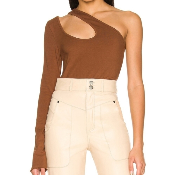 LOVERS + FRIENDS One Shoulder Top Women Sz Large Brown Cutout Long Sleeve Boho - Picture 3 of 7